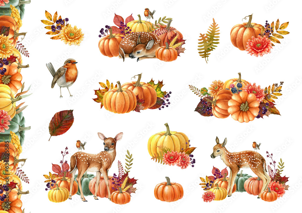 Autumn floral decoration set with fawn and pumpkins. Watercolor illustration. Hand painted decor with natural elements, flowers, leaves, pumpkins, forest animals. Autumn cozy festive decor collection