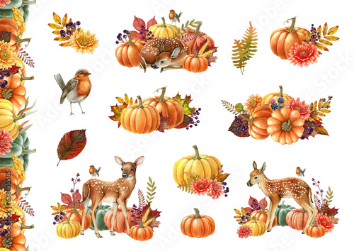 Fototapeta Naklejka Na Ścianę i Meble -  Autumn floral decoration set with fawn and pumpkins. Watercolor illustration. Hand painted decor with natural elements, flowers, leaves, pumpkins, forest animals. Autumn cozy festive decor collection