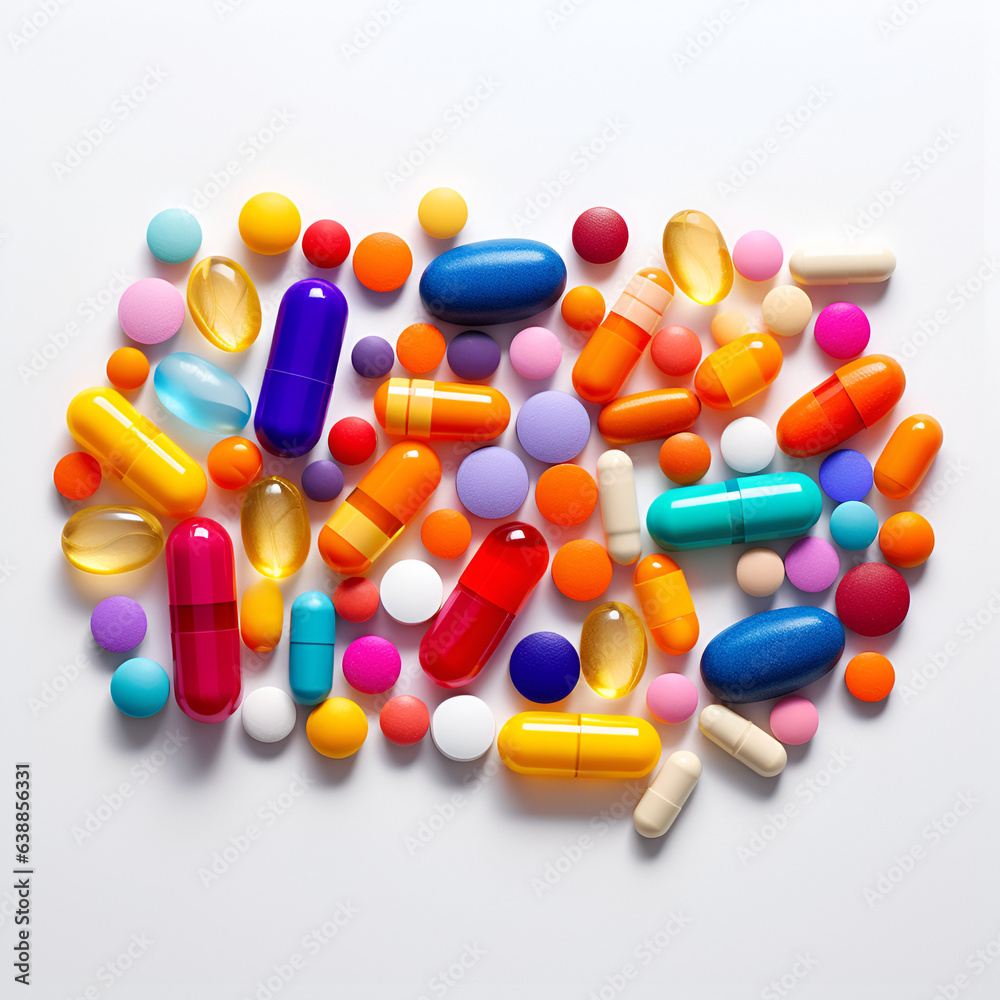 A variety of different colored and shaped pills on a white background - Generative AI A variety of different colored and shaped pills on a white background - Generative AI