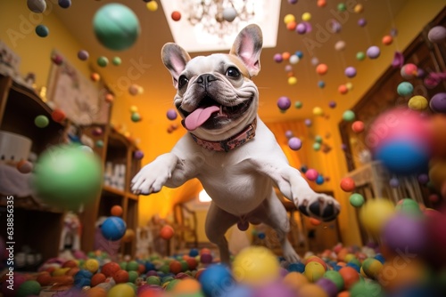 Playful Frenchie bulldog in the room full of toys