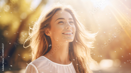 Young beautiful woman stands against a natural background as bright sunlight illuminates her face. Concept of positive human emotions, perception of life, success, and peace of mind.Generative AI