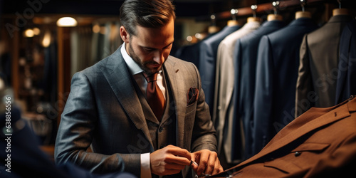 A men\'s suit tailor, making adjustments to a new suit. Well dressed gentleman, of a custom tailored suit shop. bespoke formal clothing.