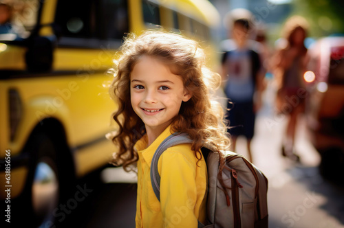 AI generated image of small girl with school bus