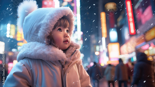 photo of a kid playing , snow filling the air at Shibuya Tokyo, ai generated. © Rainbow Kuma