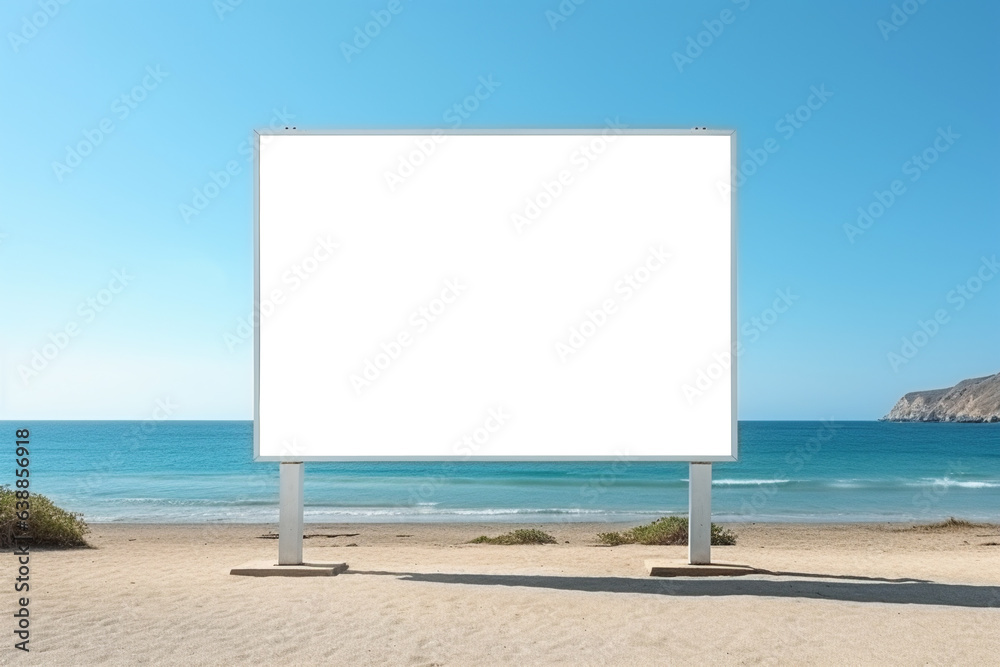 design mockup: blank white billboard at the beach with blue sea and sky in the background