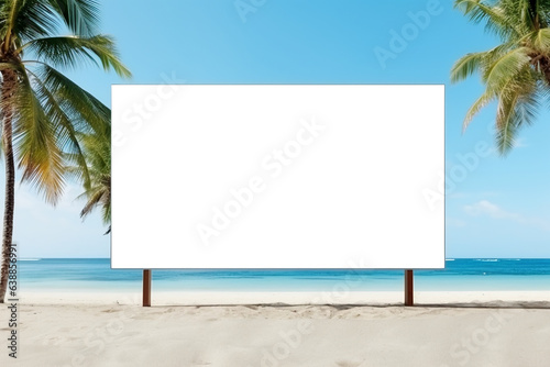 design mockup  blank white billboard at the beach with blue sea and sky in the background