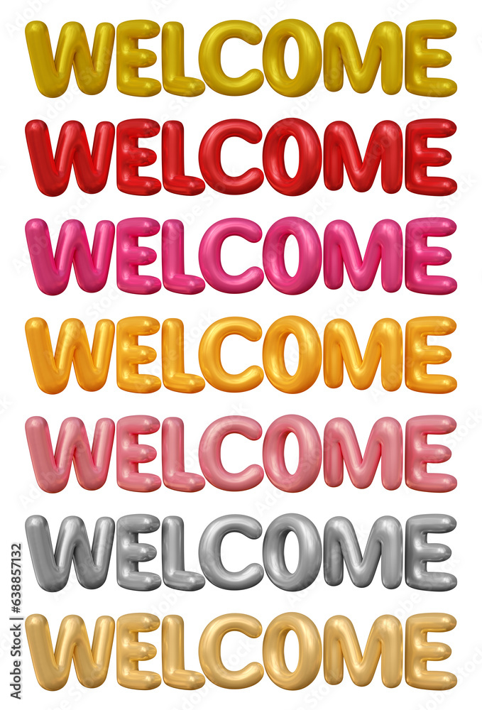 Set of welcome text design isolated on transparent background in 3d rendering for family, friends, invitation and hospitality concept. Set of welcome text design isolated on transparent background in 3d rendering for family, friends, invitation and hospitality concept.