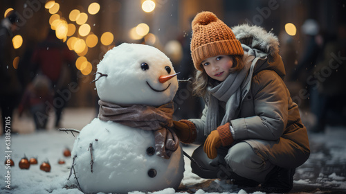 snowman sitting  with a girl, snow filling the air at Shibuya Tokyo, ai generated. © Rainbow Kuma