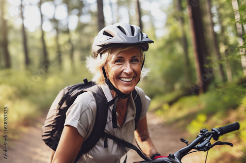 AI generated image of senior female on bicycle in forest