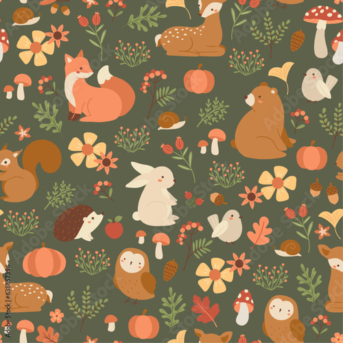 Vector seamless fall pattern with forest animals and plants