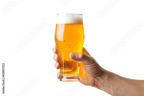 Weizen glassware male hand holding filled with beer , alcohol isolated on transparent background.