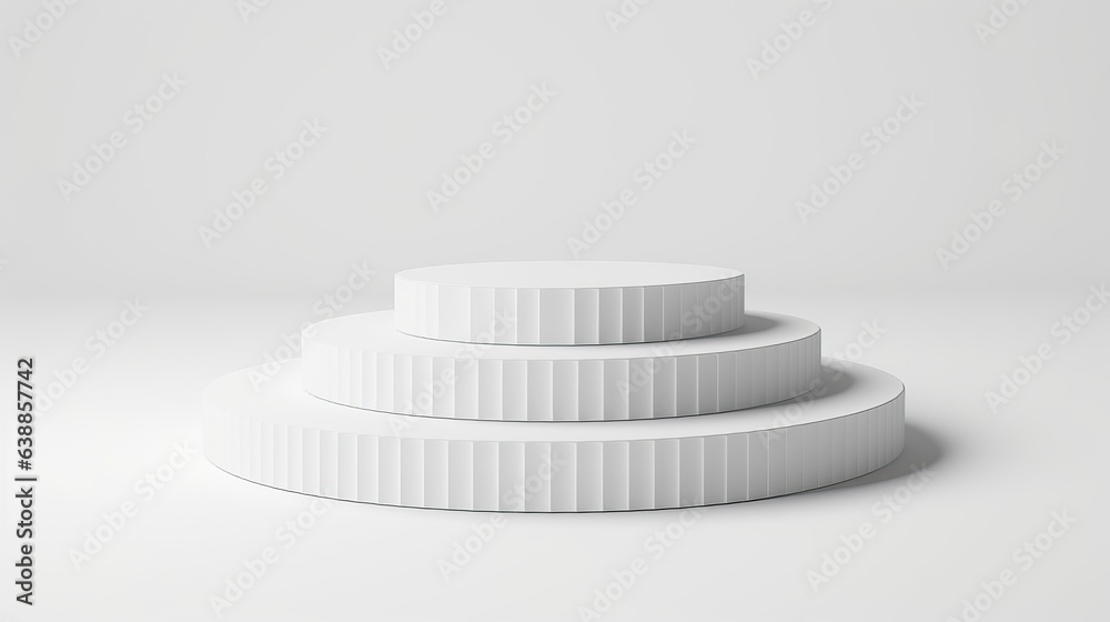 Modern 3D white round podium with grooved steps in a minimalist style Modern 3D white round podium with grooved steps in a minimalist style