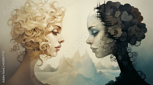 Duality in female profiles illustrating purity and torment in an artistic style