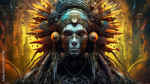 Futuristic Maya chief in a surreal, photorealistic style