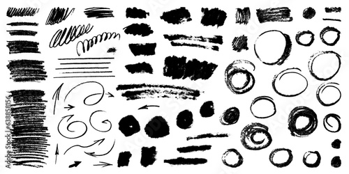 Vector grungy brush arrow set. Rough scribble collection. Hand drawn grunge sketch elements. Charcoal pencil textured lines. Chalk curves, text boxes and textures. Each element is united and isolated