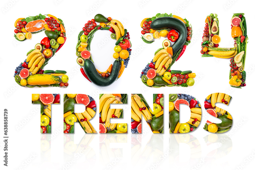 New year 2024 food trends. New year 2024 made of fruits and vegetables