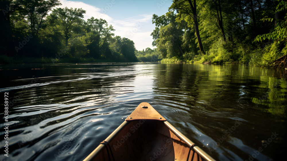 Fototapeta premium Shot from inside a canoe, capturing the serene view of a calm river surrounded by nature
