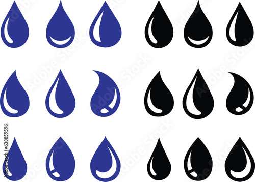 set of blue and black Water drop shape icon. Water or rain drops shape icon. Blood or oil drop. Plumbing logo. Flat style outline. glossy water drops isolated on white background