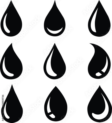 set of black Water drop shape icon. Water or rain drops shape icon. Blood or oil drop. Plumbing logo. Flat style outline. glossy water drops isolated on white background.