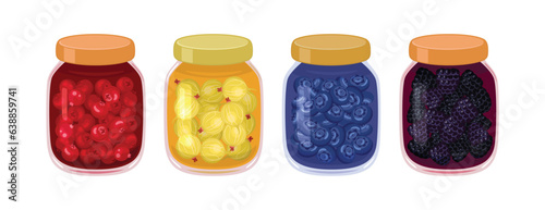 Set of different jam in glass jar. Gooseberry, Cranberry, Blackberry and Blueberry homemade jelly. Vector flat icon of organic sweets. Healthy food illustration. 