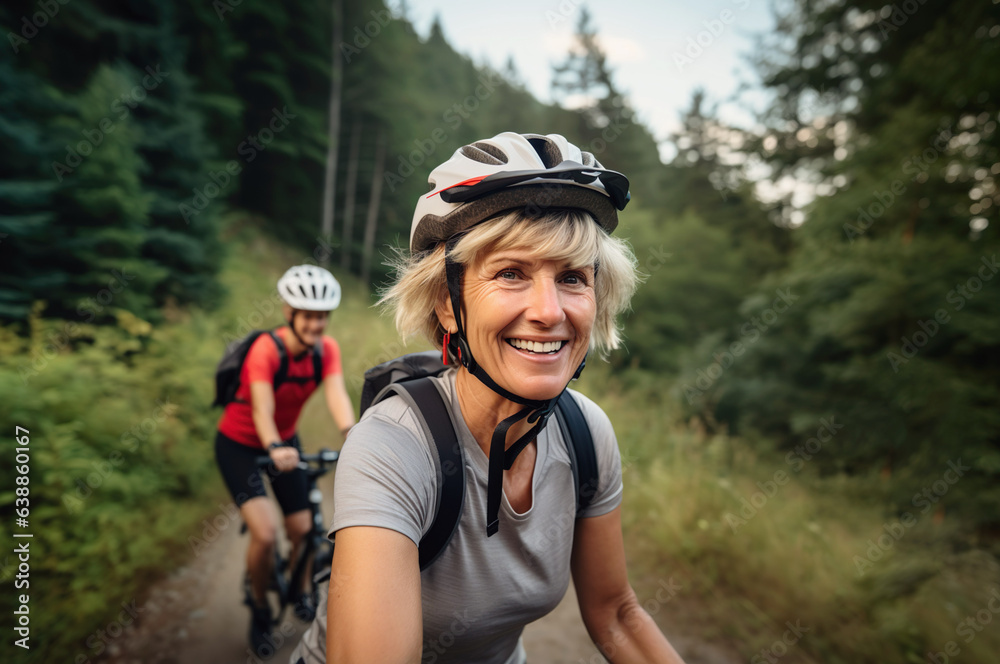 AI generated image of senior female on bicycle in forest AI generated image of senior female on bicycle in forest