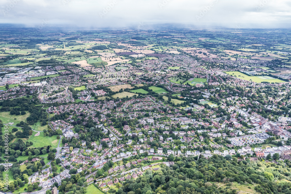 Beautiful aerial view of the town center, high street of Great Malvern, The famous village for outdoor and tourist, England