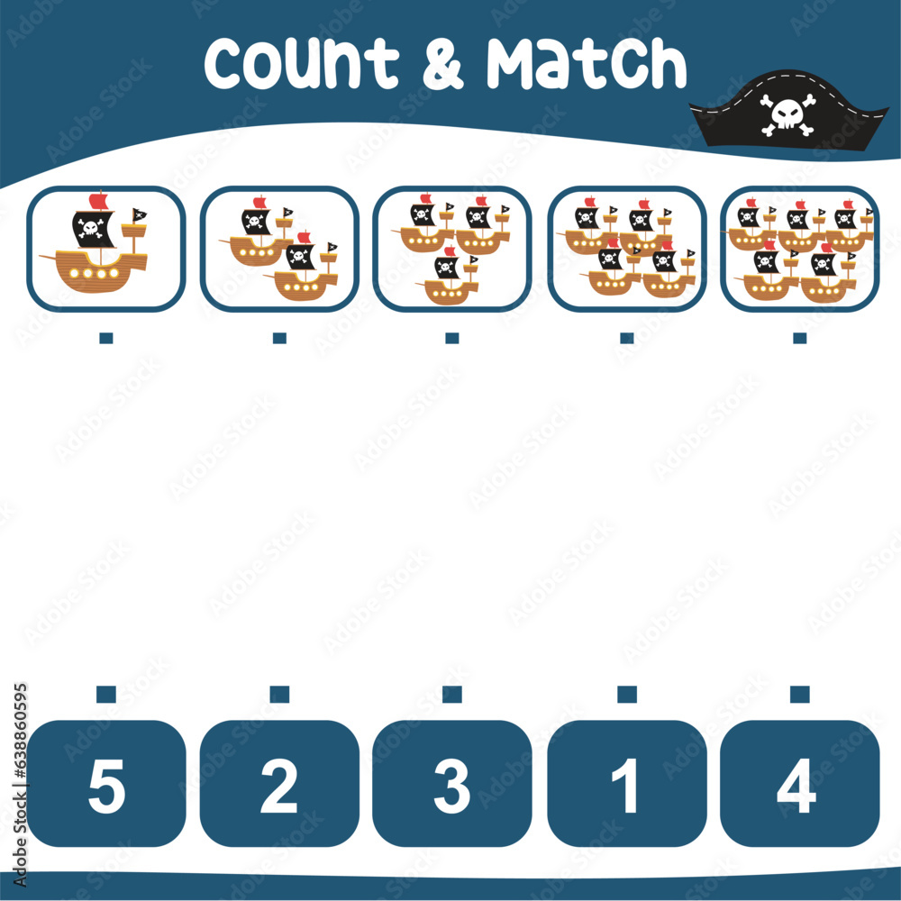 Count and match together the pirate ship with the number. Counting game pirates theme and match ...
