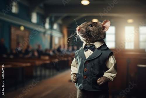 a cute rat in a suit and tie standing on a background of people in an academy classroom