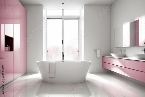 Minimalist and modern bathroom interior design with a pink and white theme. Luxury and modern interior design background