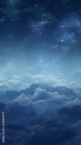 Dark deep blue gradient night mystical moonlight with fluffy magical clouds and stars phone hd background wallpaper, ai generated