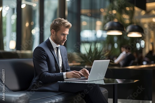 A businessman working on his laptop at a conference table created with Generative AI technology