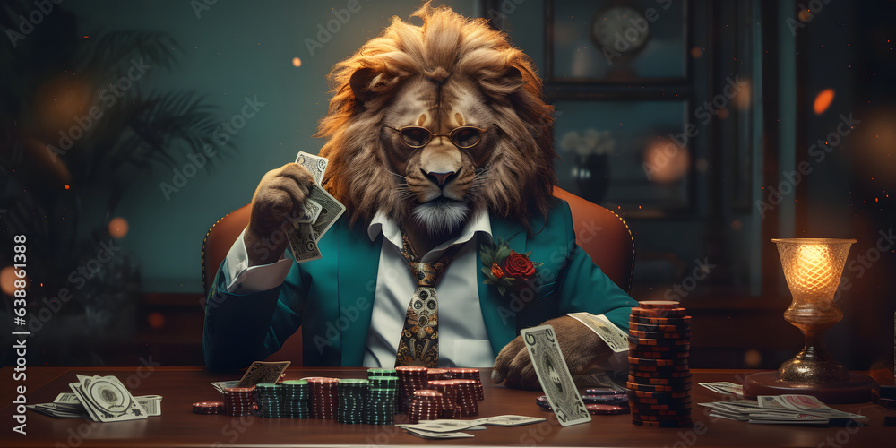 Stylish lion in a luxurious suit at the gaming table in the casino. Concept of gambling and rich life - obrazy, fototapety, plakaty 
