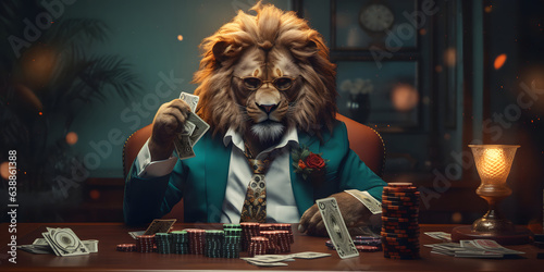 Stylish lion in a luxurious suit at the gaming table in the casino. Concept of gambling and rich life