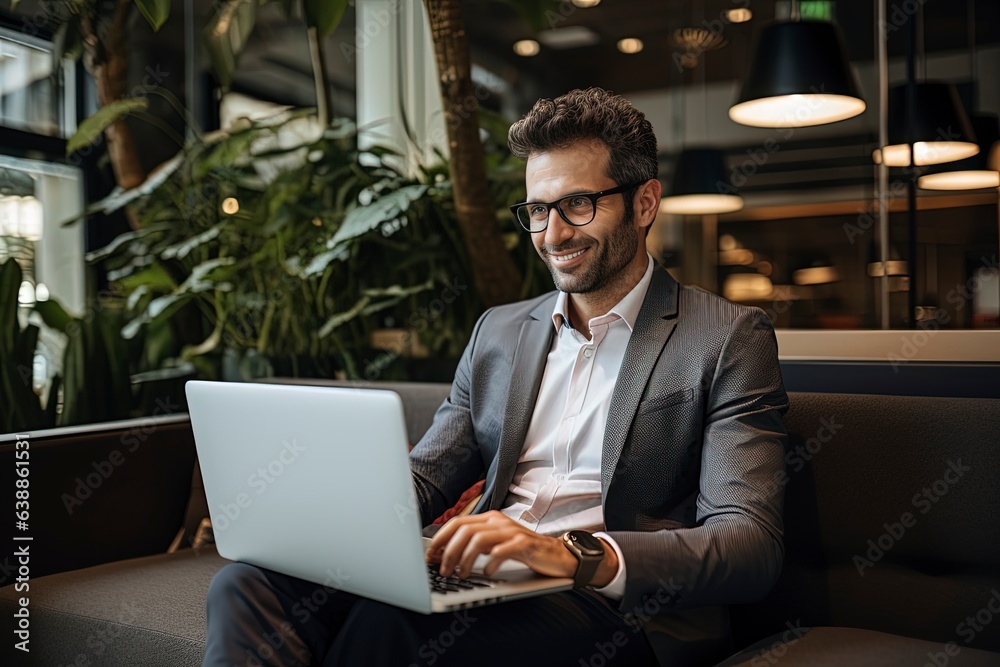 A man using a laptop computer while sitting on a couch created with Generative AI technology A man using a laptop computer while sitting on a couch created with Generative AI technology