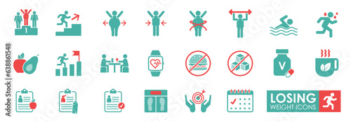 Losing weight icon set. Solid icons vector collection. Contains a healthy lifestyle, healthy eating, diet, exercise, and a checklist.