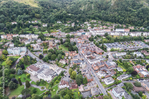 Beautiful aerial view of the town center, high street of Great Malvern, The famous village for outdoor and tourist, England