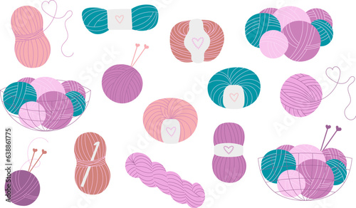 Set of doodle yarn balls and skeins for knitting and crocheting. 