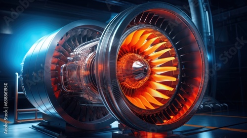 Glowing turbine engine the jet plane. Generative AI
