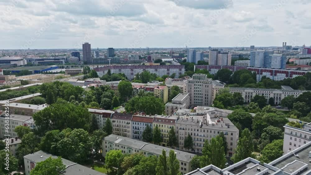 Drone aerial shot of a residential area in Friedrichshain district in Berlin , Germany . Drone aerial shot of a residential area in Friedrichshain district in Berlin , Germany .