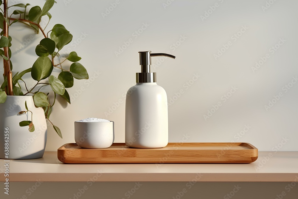 A bottle with liquid soap or cream and a wooden stand.