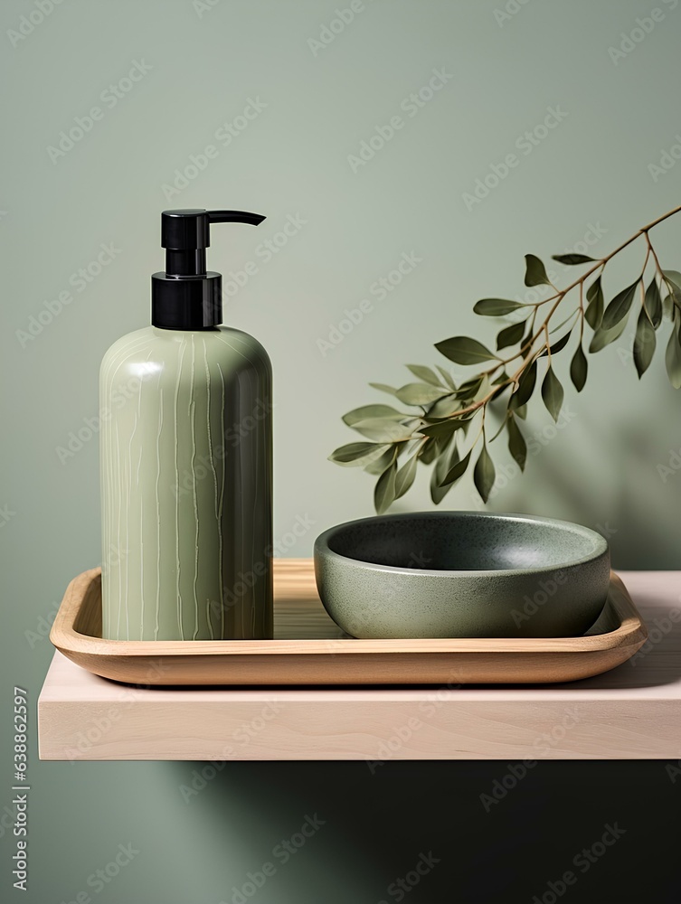 A bottle with liquid soap or cream and a wooden stand. A bottle with liquid soap or cream and a wooden stand.