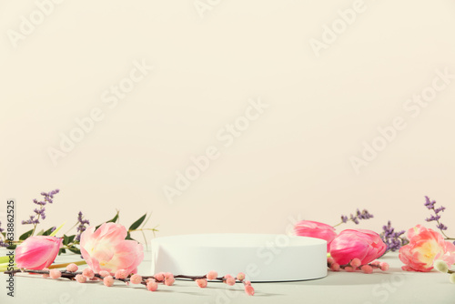 Abstract empty white podium on pink background. Mock up stand for product presentation. 3D Render. Minimal concept. Advertising template