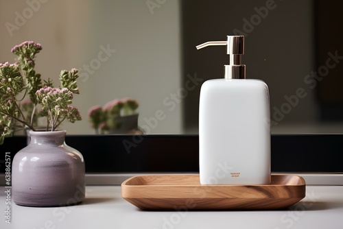 A bottle with liquid soap or cream and a wooden stand.