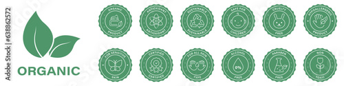 Natural Organic Safe Product Stamp Set. Product for Sensitive Skin Sticker Collection. Sustainable Eco-Friendly Green Label, No Allergen Seal. Cruelty-Free Cosmetic. Isolated Vector Illustration
