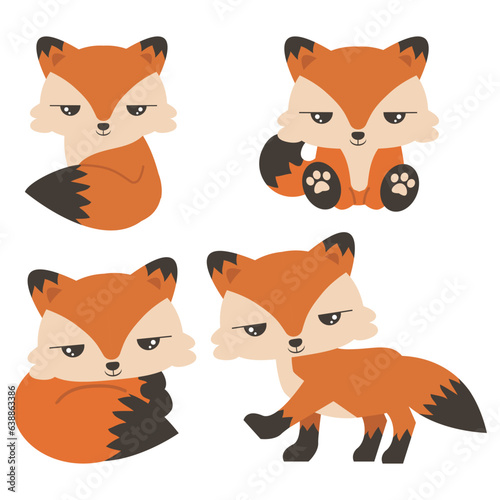 Cute foxes cartoon in different poses set