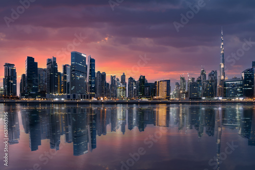 Obraz na płótnie Stunning view of the illuminated Dubai skyline at sunset with the magnificent Burj Khalifa and buildings reflected on a silky smooth water in the foreground. w salonie