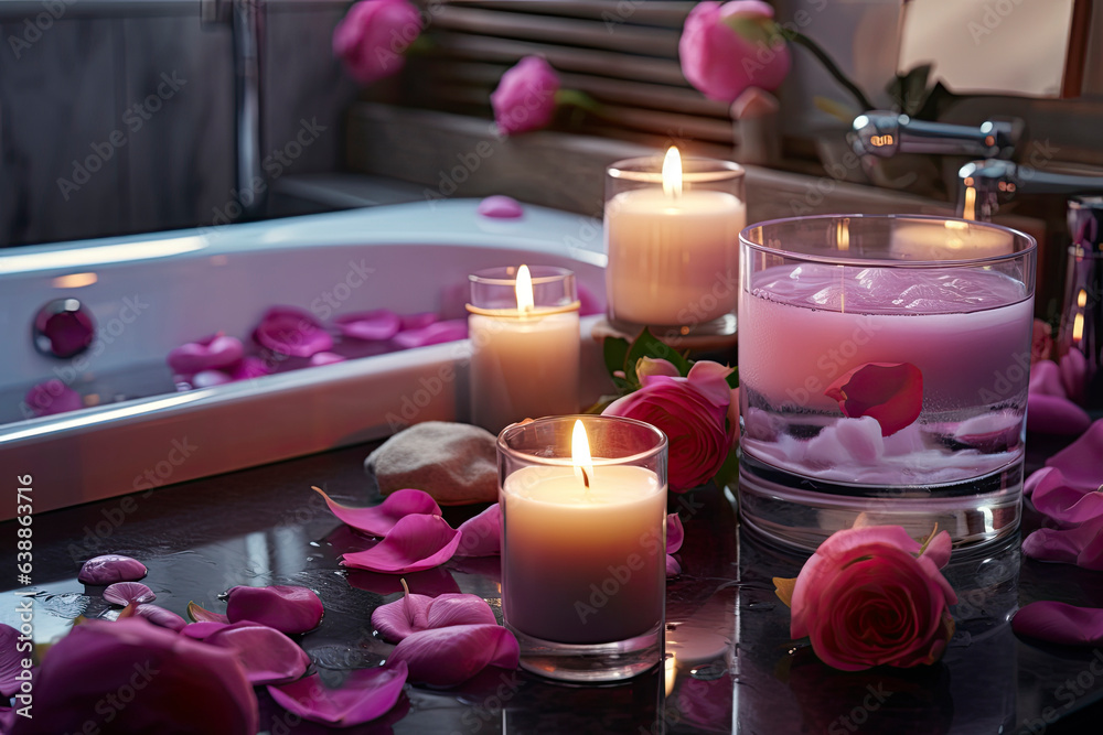 Stone bath in modern bathroom with rose petals and candles. Romantic