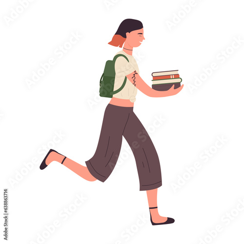 Running student girl with stack of books. University pupil in a hurry vector illustration