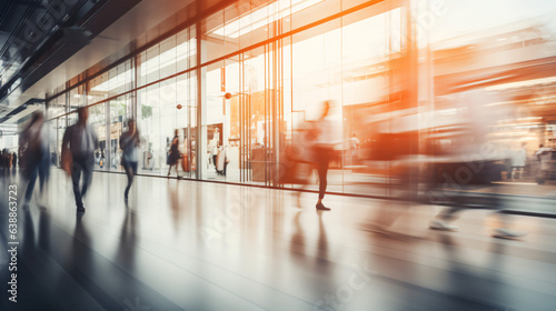 Blurred background featuring a modern shopping mall with various shoppers. Fashionable women are observing a showcase, captured with motion blur. Shoppers carrying shopping bags. Generative AI