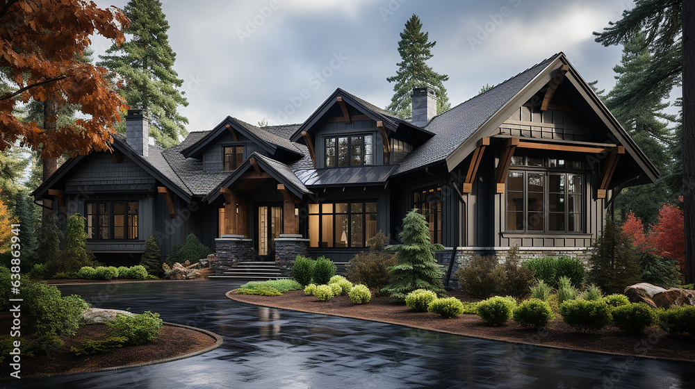 Gray craftsman house with a landscaped yard - ai generative Gray craftsman house with a landscaped yard - ai generative